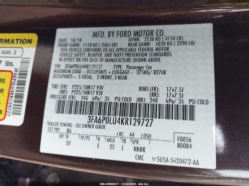 2019 Ford Fusion Hybrid Se VIN: 3FA6P0LU4KR129727 Lot: 43988317