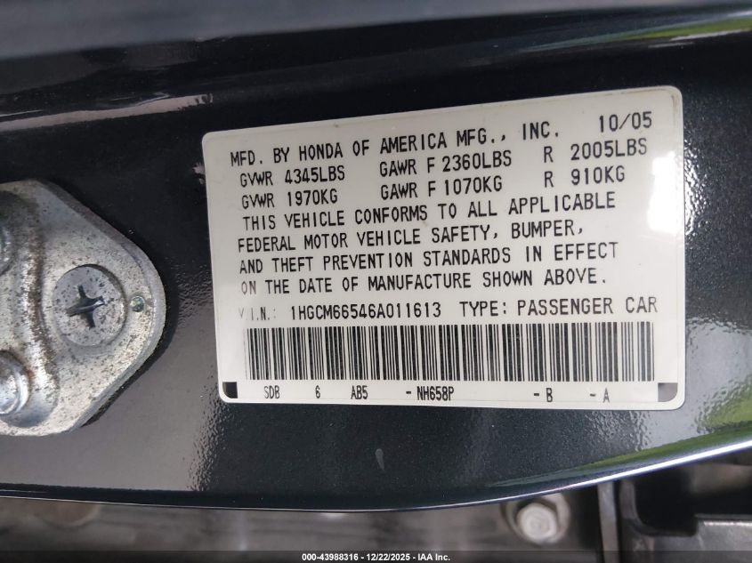 2006 Honda Accord 3.0 Ex VIN: 1HGCM66546A011613 Lot: 43988316