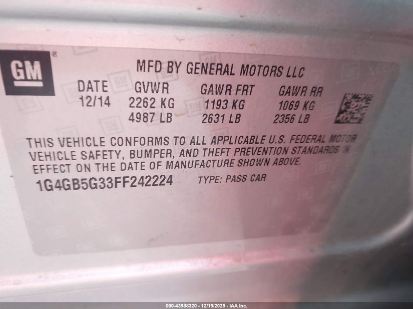 2015 Buick Lacrosse Leather VIN: 1G4GB5G33FF242224 Lot: 43988320