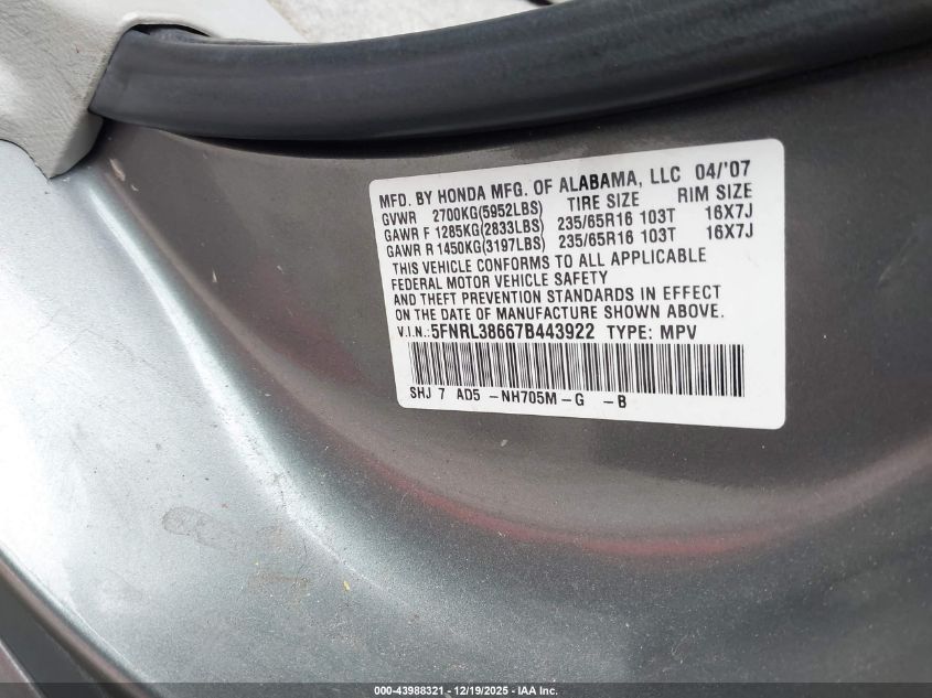 2007 Honda Odyssey Ex-L VIN: 5FNRL38667B443922 Lot: 43988321