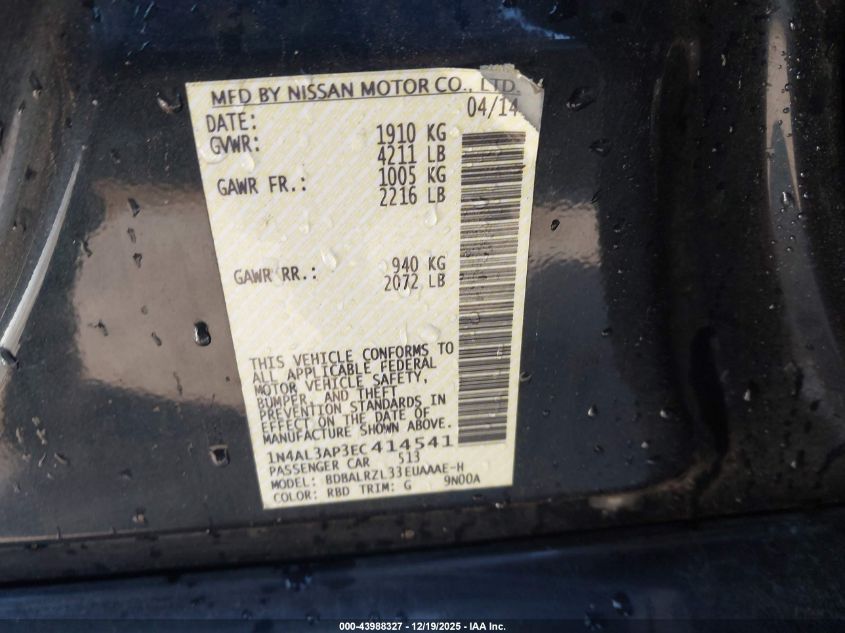 2014 Nissan Altima 2.5 S VIN: 1N4AL3AP3EC414541 Lot: 43988327