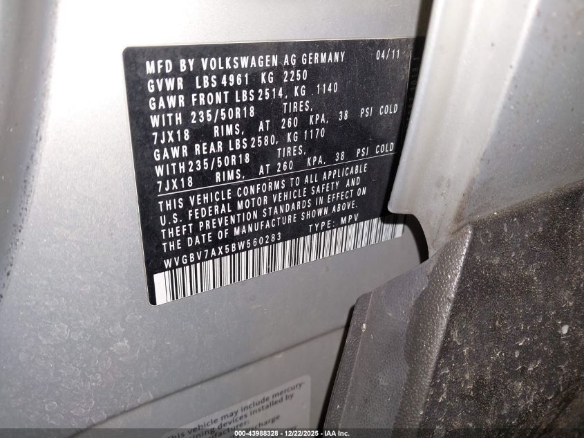 2011 Volkswagen Tiguan Se VIN: WVGBV7AX5BW560283 Lot: 43988328