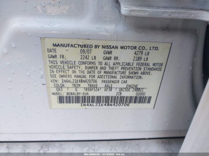 2008 Nissan Altima 2.5 S VIN: 1N4AL21E48N420706 Lot: 43988330