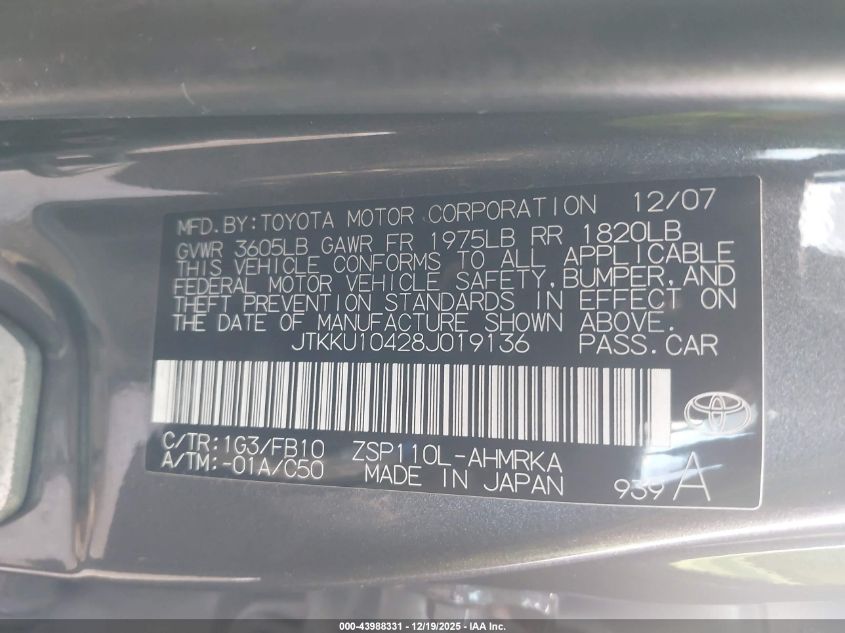 2008 Scion Xd VIN: JTKKU10428J019136 Lot: 43988331