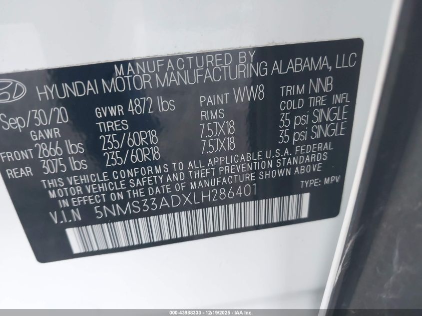 2020 Hyundai Santa Fe Sel VIN: 5NMS33ADXLH286401 Lot: 43988333