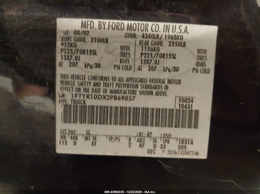 2002 Ford Ranger Xl/Xlt VIN: 1FTYR10DX2TB69857 Lot: 43988335