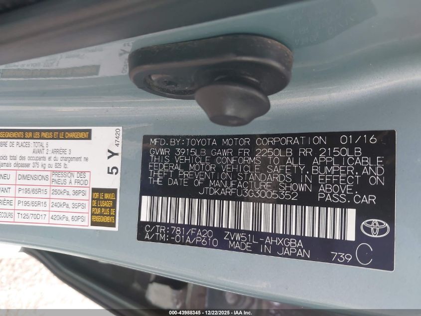 2016 Toyota Prius Three VIN: JTDKARFU3G3005352 Lot: 43988345