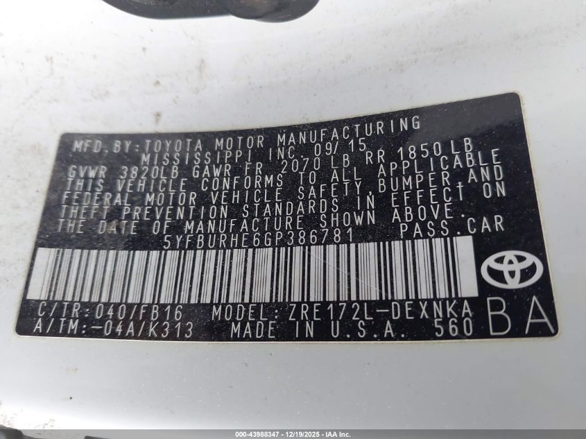 2016 Toyota Corolla Le VIN: 5YFBURHE6GP386781 Lot: 43988347