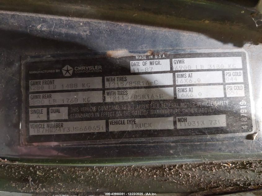 1988 Dodge W-Series W200/W250 VIN: 1B7HW24Y3JS660651 Lot: 43988351