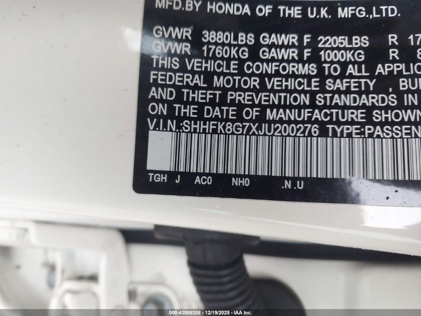 2018 Honda Civic Type R Touring VIN: SHHFK8G7XJU200276 Lot: 43988358