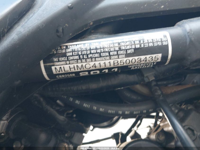 2011 Honda Cbr250 R VIN: MLHMC4111B5003435 Lot: 43988382