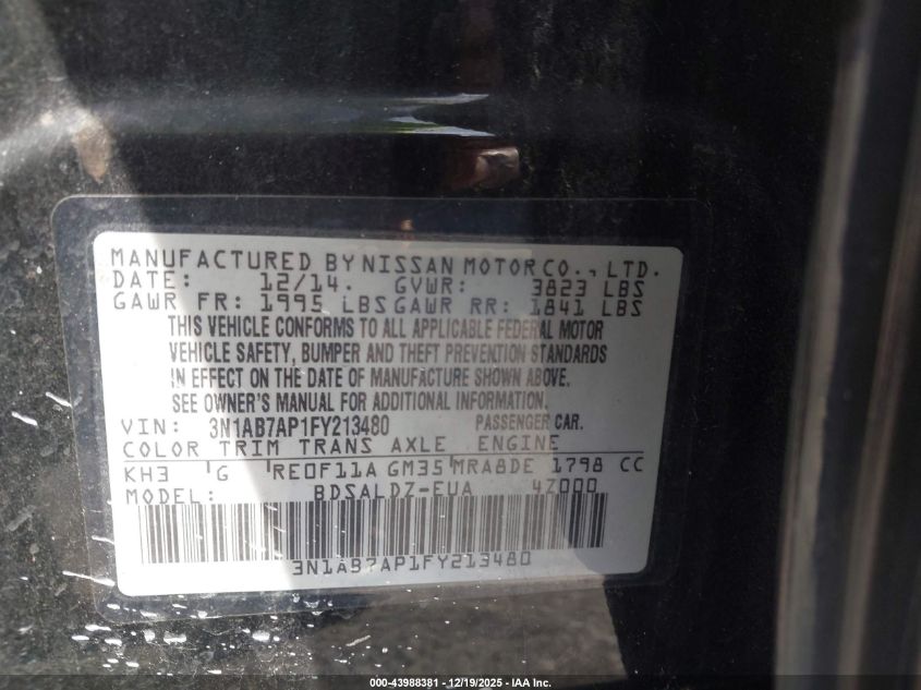 2015 Nissan Sentra Sv VIN: 3N1AB7AP1FY213480 Lot: 43988381