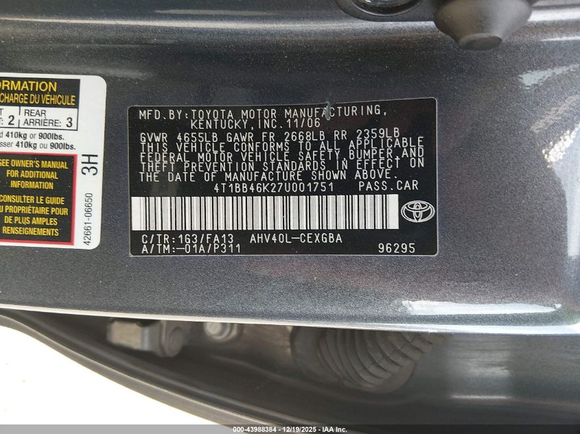 2007 Toyota Camry Hybrid VIN: 4T1BB46K27U001751 Lot: 43988384