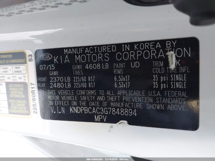 2016 Kia Sportage Lx VIN: KNDPBCAC3G7848894 Lot: 43988390