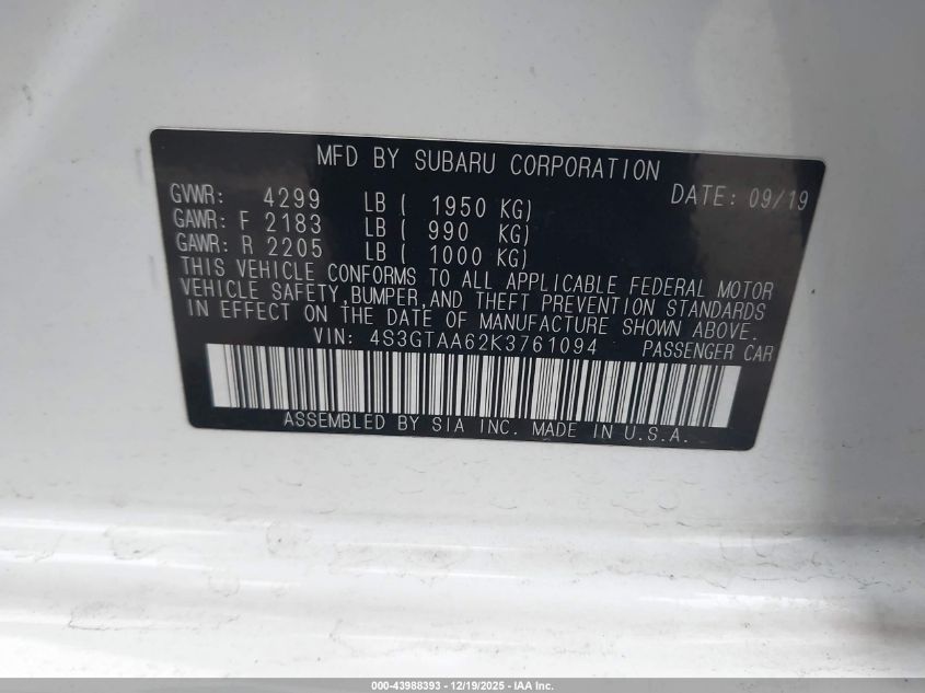 2019 Subaru Impreza 2.0I VIN: 4S3GTAA62K3761094 Lot: 43988393