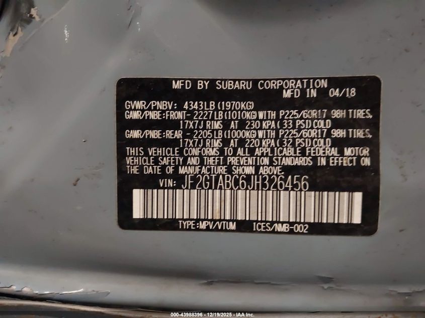 2018 Subaru Crosstrek 2.0I Premium VIN: JF2GTABC6JH326456 Lot: 43988396