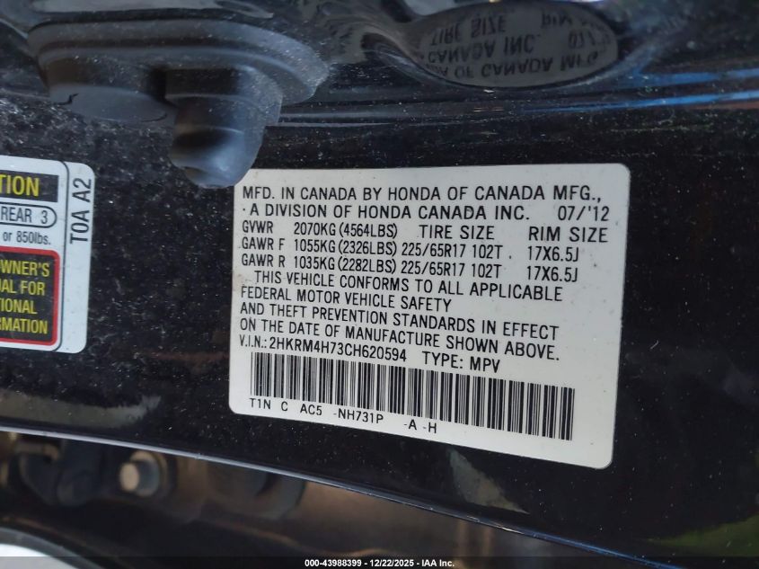 2012 Honda Cr-V Ex-L VIN: 2HKRM4H73CH620594 Lot: 43988399