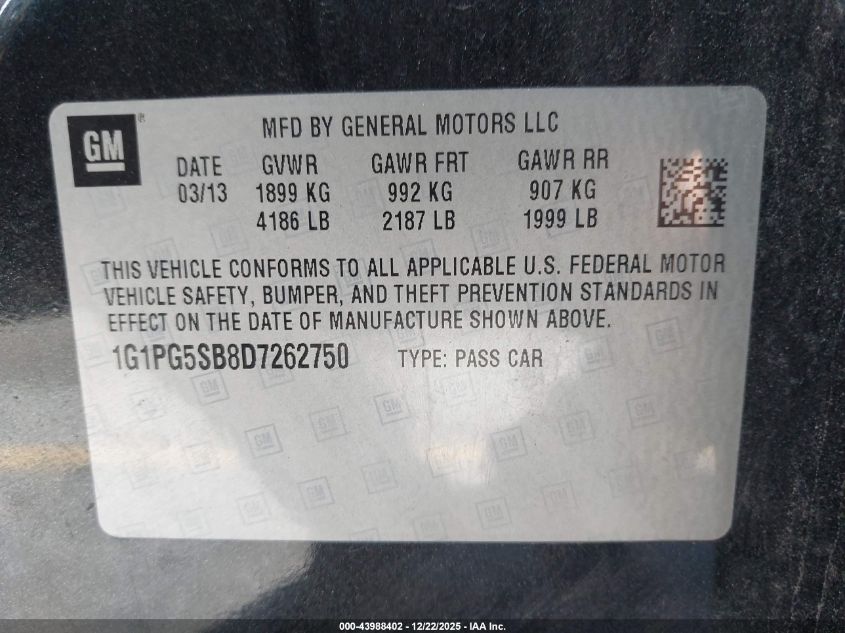 2013 Chevrolet Cruze Ltz VIN: 1G1PG5SB8D7262750 Lot: 43988402