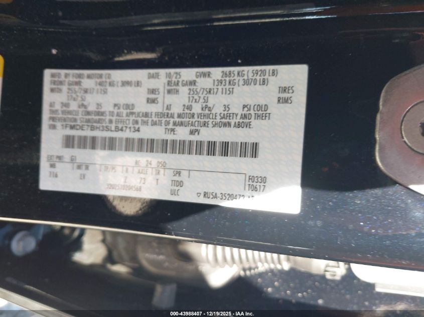 2025 Ford Bronco Big Bend VIN: 1FMDE7BH3SLB47134 Lot: 43988407