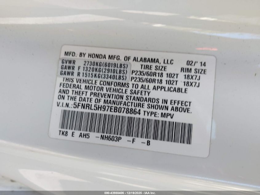 2014 Honda Odyssey Touring/Touring Elite VIN: 5FNRL5H97EB078864 Lot: 43988406