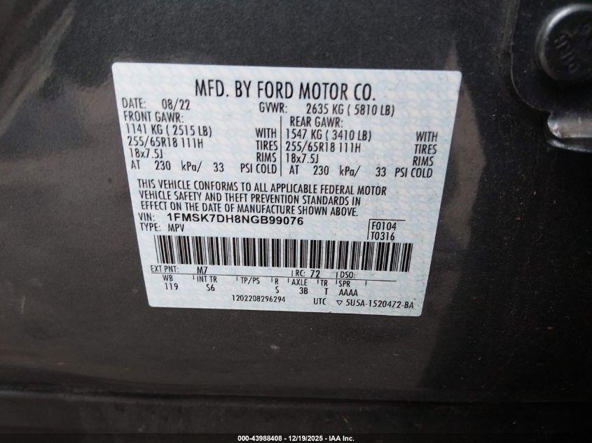 2022 Ford Explorer Xlt VIN: 1FMSK7DH8NGB99076 Lot: 43988408