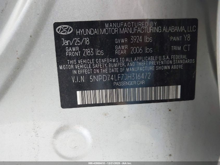 2018 Hyundai Elantra Se VIN: 5NPD74LF7JH316472 Lot: 43988410