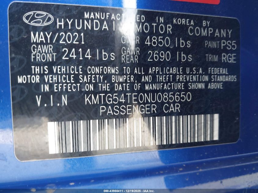 2022 Genesis G70 3.3T Rwd VIN: KMTG54TE0NU085650 Lot: 43988411