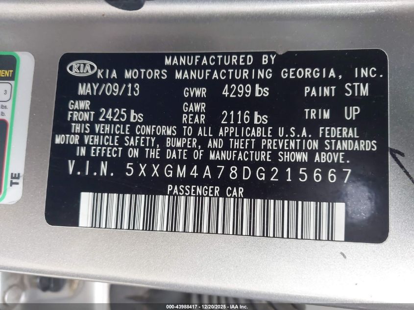2013 Kia Optima Lx VIN: 5XXGM4A78DG215667 Lot: 43988417