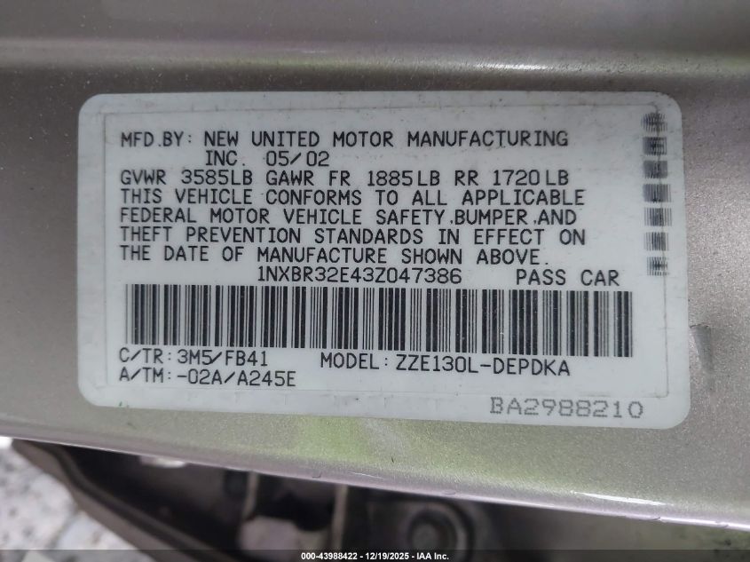 2003 Toyota Corolla Ce VIN: 1NXBR32E43Z047386 Lot: 43988422