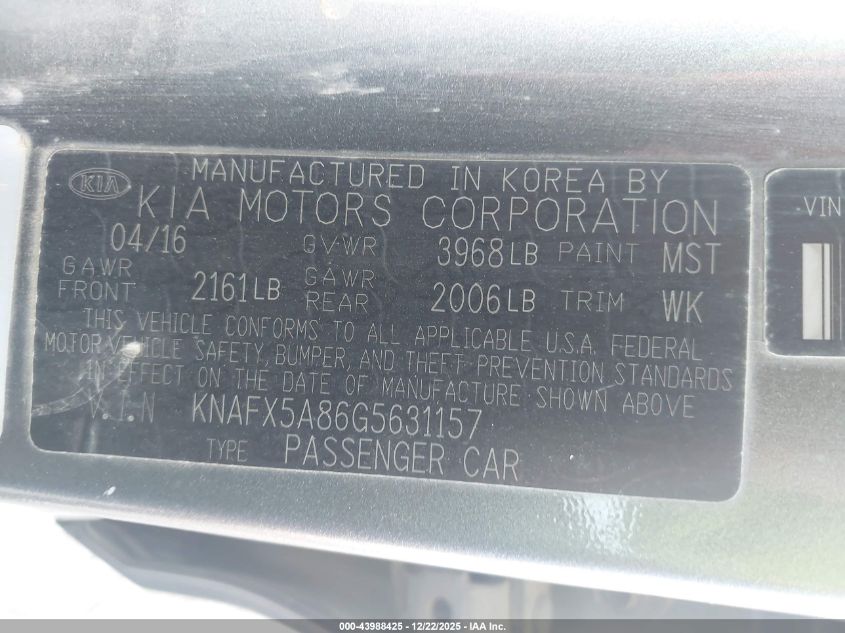 2016 Kia Forte Ex VIN: KNAFX5A86G5631157 Lot: 43988425