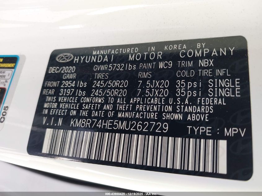 2021 Hyundai Palisade Calligraphy VIN: KM8R74HE5MU262729 Lot: 43988429