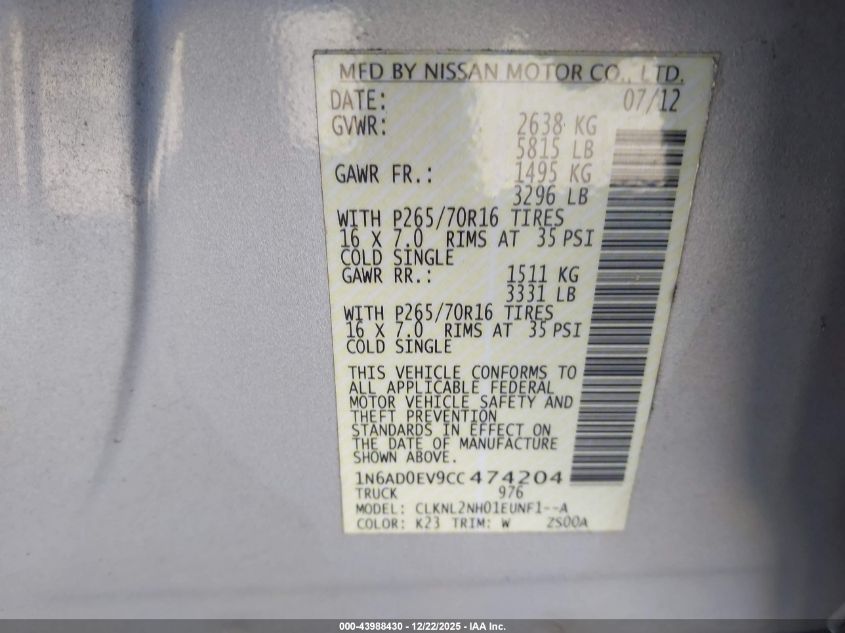 2012 Nissan Frontier Sv VIN: 1N6AD0EV9CC474204 Lot: 43988430