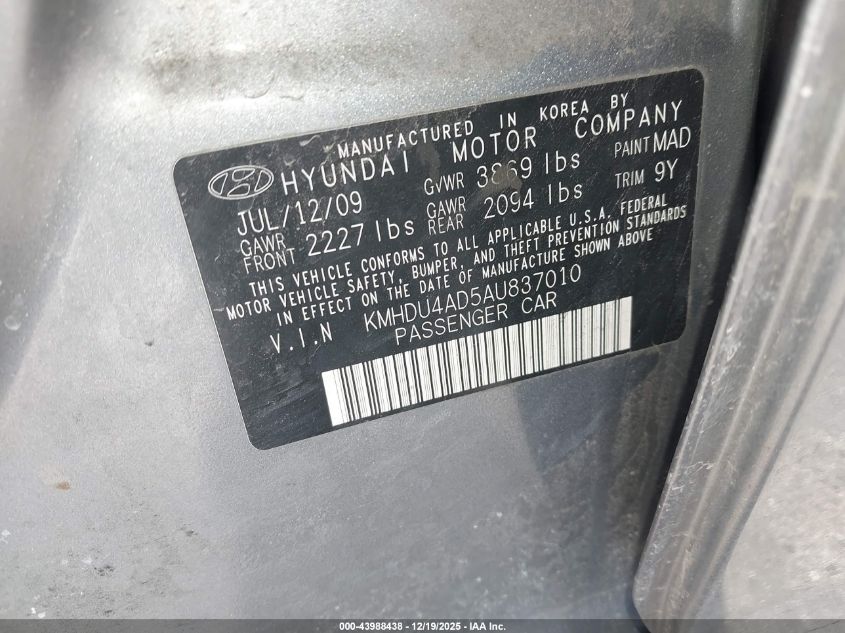 2010 Hyundai Elantra Blue VIN: KMHDU4AD5AU837010 Lot: 43988438