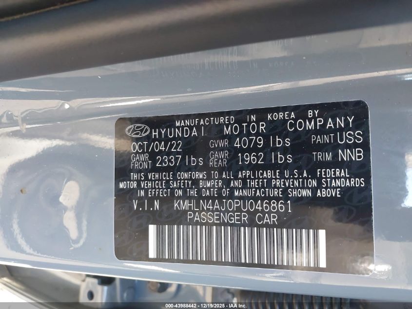 2023 Hyundai Elantra Hybrid Limited VIN: KMHLN4AJ0PU046861 Lot: 43988442