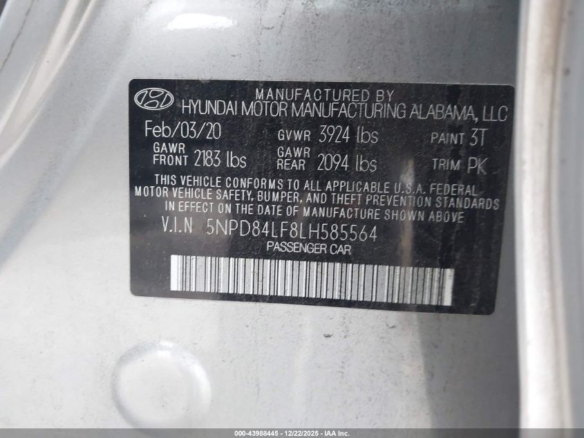 2020 Hyundai Elantra Sel VIN: 5NPD84LF8LH585564 Lot: 43988445