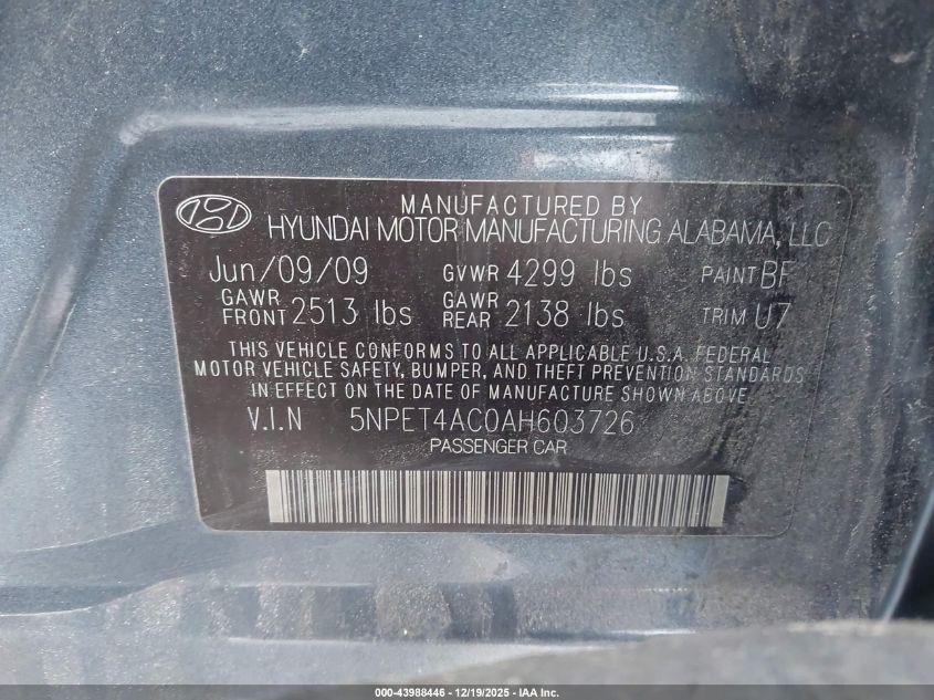 2010 Hyundai Sonata Gls VIN: 5NPET4AC0AH603726 Lot: 43988446