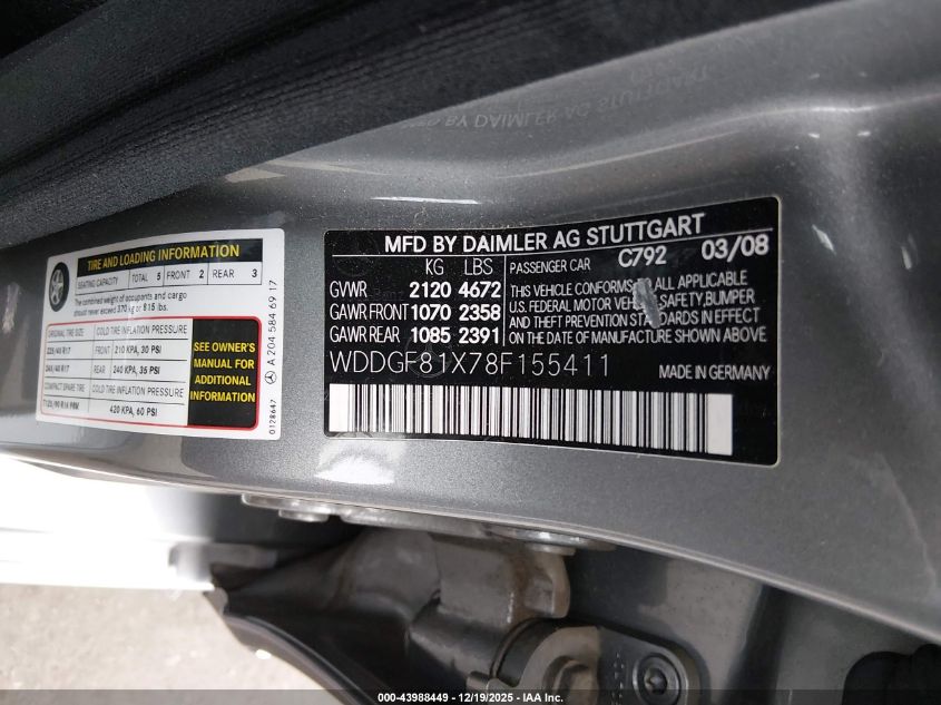 2008 Mercedes-Benz C 300 Luxury 4Matic/Sport 4Matic VIN: WDDGF81X78F155411 Lot: 43988449