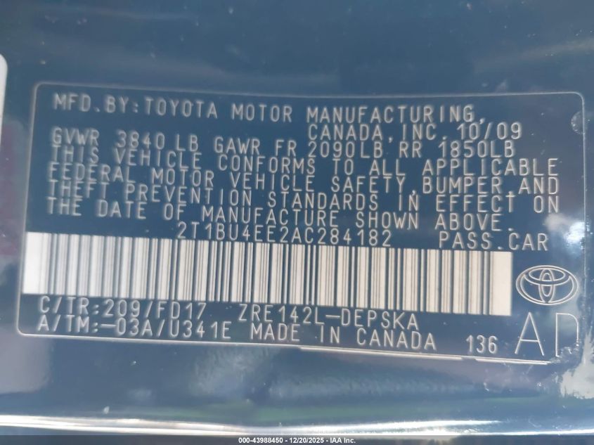 2010 Toyota Corolla S VIN: 2T1BU4EE2AC284182 Lot: 43988450