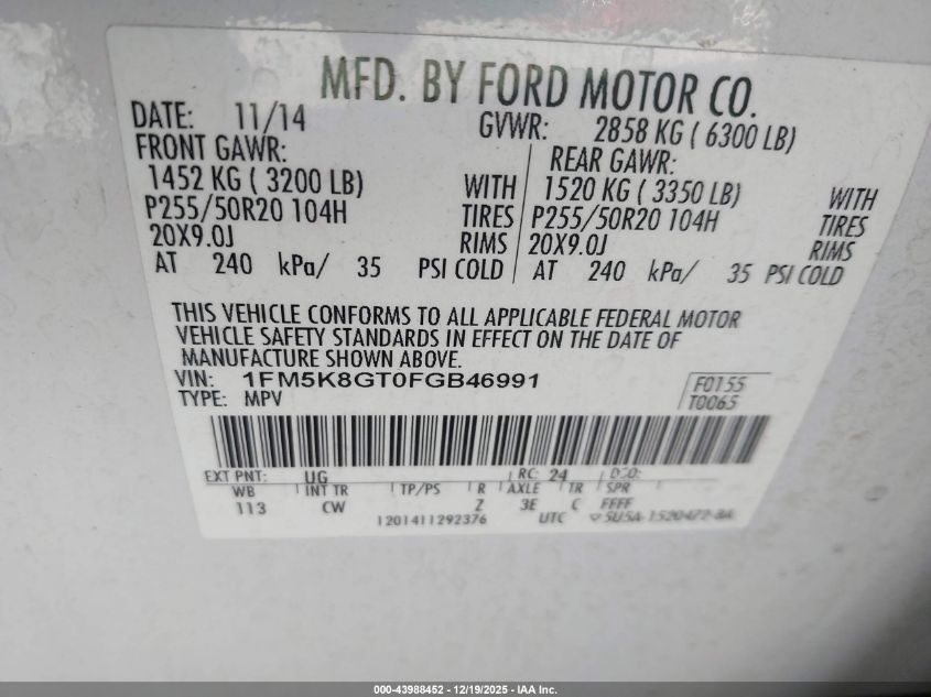 2015 Ford Explorer Sport VIN: 1FM5K8GT0FGB46991 Lot: 43988452