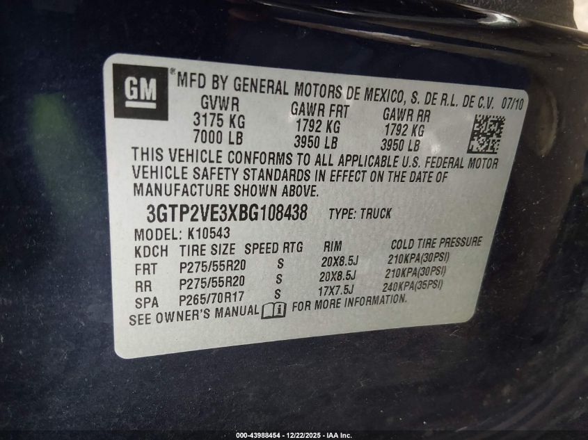 2011 GMC Sierra 1500 Sle VIN: 3GTP2VE3XBG108438 Lot: 43988454