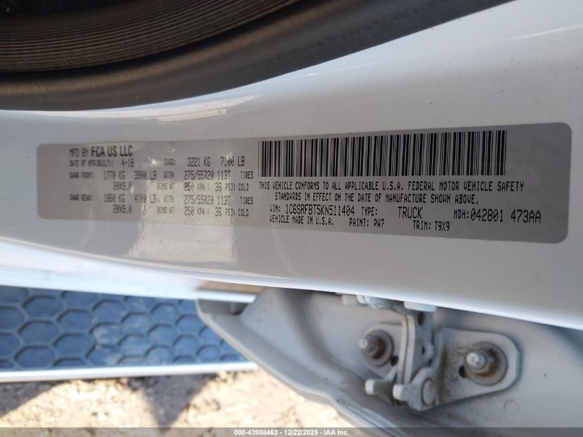 2019 Ram 1500 Big Horn/Lone Star 4X4 6'4 Box VIN: 1C6SRFBT5KN511404 Lot: 43988463