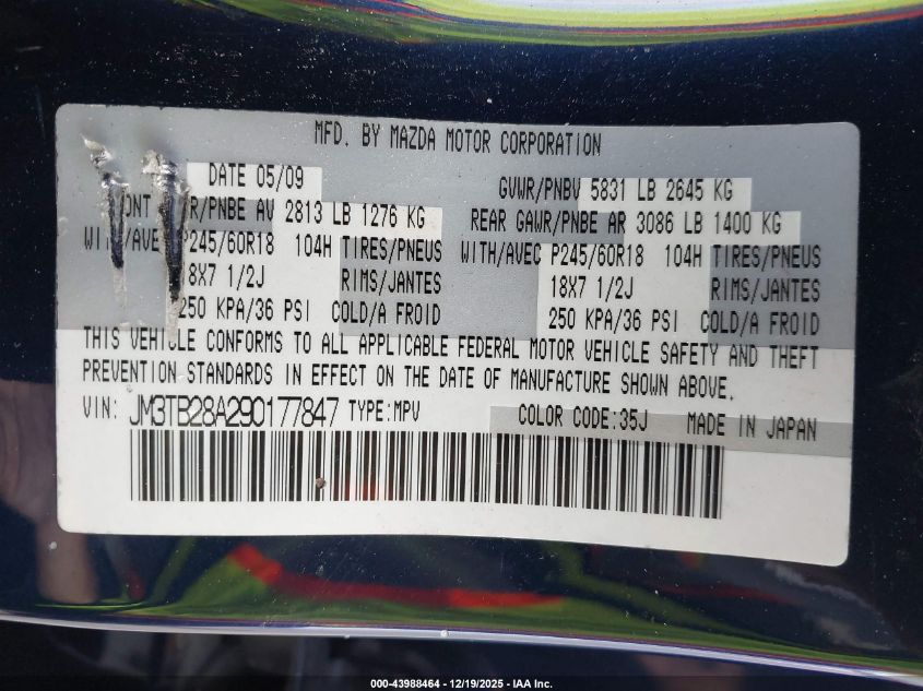 2009 Mazda Cx-9 Sport VIN: JM3TB28A290177847 Lot: 43988464