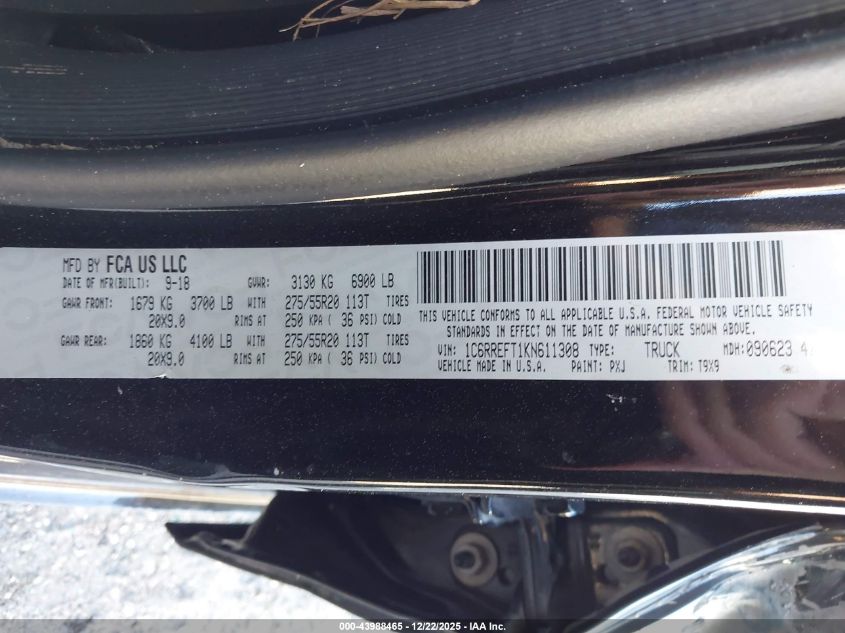 2019 Ram 1500 Big Horn/Lone Star 4X2 5'7 Box VIN: 1C6RREFT1KN611308 Lot: 43988465