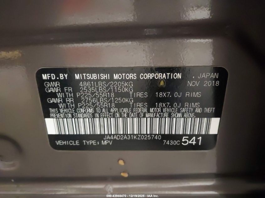 2019 Mitsubishi Outlander Es VIN: JA4AD2A31KZ025740 Lot: 43988470