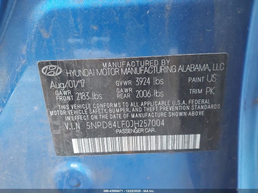 2018 Hyundai Elantra Sel VIN: 5NPD84LF0JH257004 Lot: 43988471