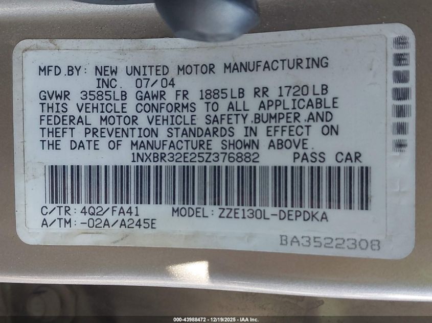 2005 Toyota Corolla Ce VIN: 1NXBR32E25Z376882 Lot: 43988472