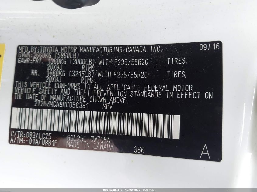 2017 Lexus Rx 350 F Sport VIN: 2T2BZMCA8HC058381 Lot: 43988473