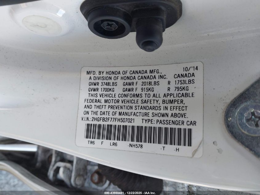 2015 Honda Civic Se VIN: 2HGFB2F77FH507021 Lot: 43988481