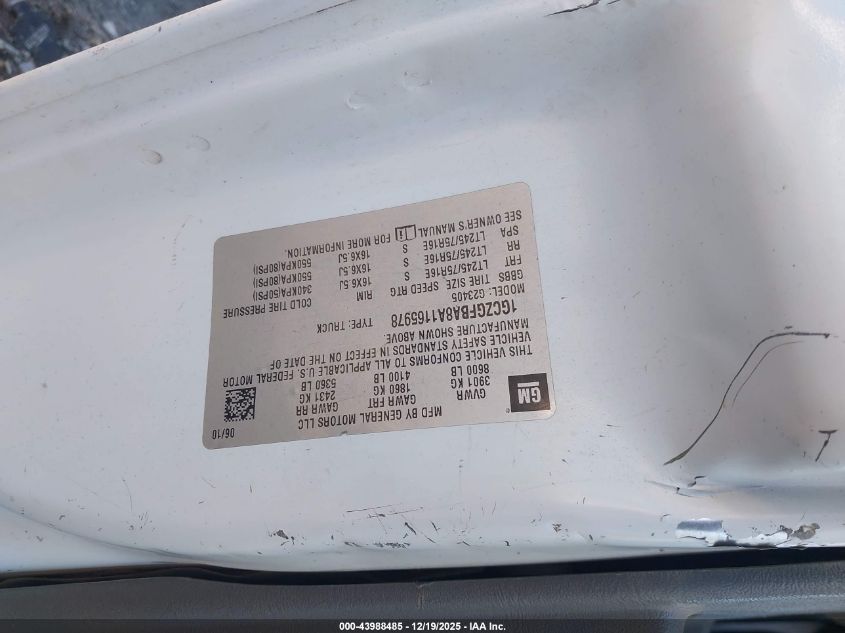 2010 Chevrolet Express 2500 Work Van VIN: 1GCZGFBA8A1165978 Lot: 43988485