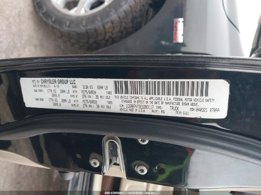 2014 Ram 1500 Laramie VIN: 1C6RR7NT3ES283117 Lot: 43988487